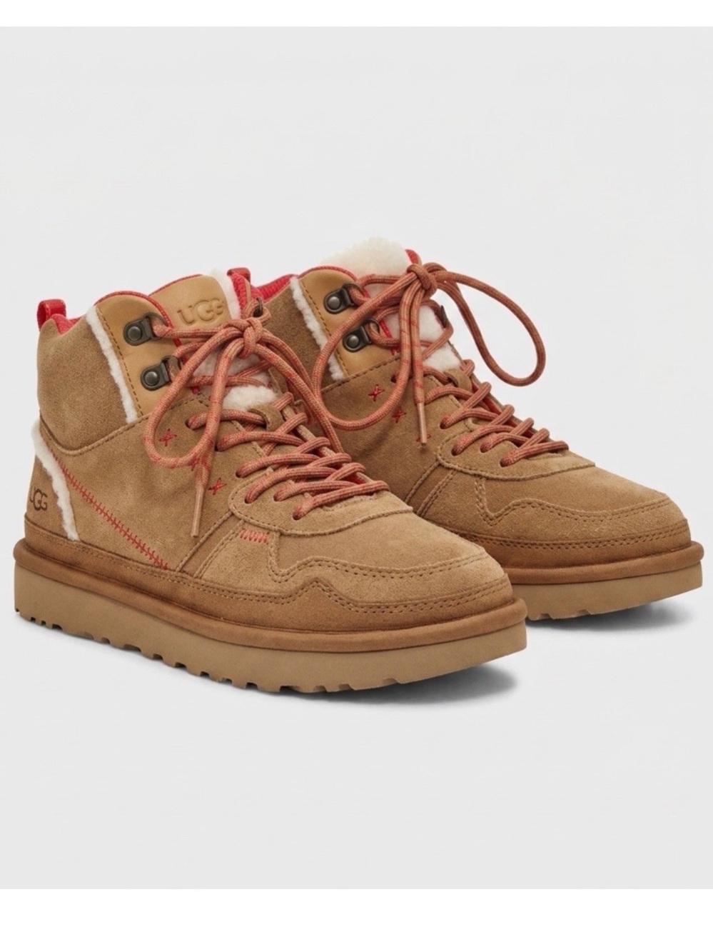 UGG Tan Suede Lace-Up Ankle Boots with Red Accents